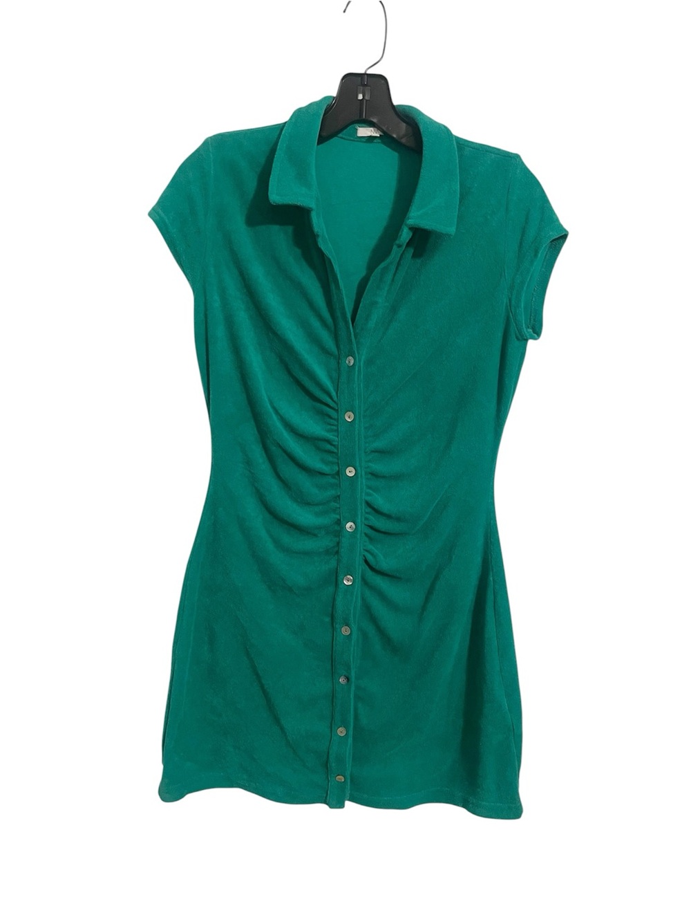 NIA Beverly Terry Cloth Button Down Shirt Dress Ruched Green Size M